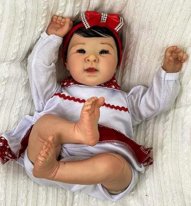 Imagem de Bebê Reborn Menina Japonesa Realista Corpo de Pano e Membros Silicone Cabelo Fio a Fio Olhos Pretos 48cm Enxoval Completo PRONTA ENTREGA