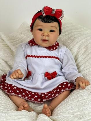 Imagem de Bebê Reborn Menina Japonesa Realista Corpo de Pano e Membros Silicone Cabelo Fio a Fio Olhos Pretos 48cm Enxoval Completo PRONTA ENTREGA