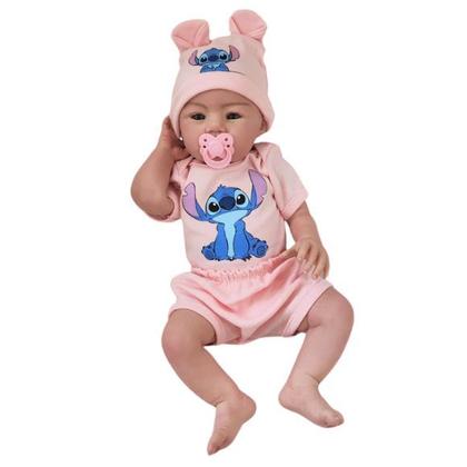 Imagem de Bebê Reborn Menina Realista Ana Dolls 50cm, Corpo Silicone Pode Tomar Banho, Carequinha Caneta Stitch Enxoval Completo de 13 Itens
