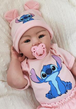 Imagem de Bebê Reborn Menina Realista Ana Dolls 50cm, Corpo Silicone Pode Tomar Banho, Carequinha Caneta Stitch Enxoval Completo de 13 Itens