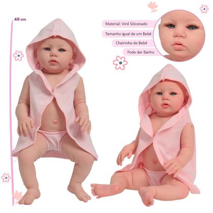 Imagem de Bebê Reborn Menina Recém Nascida Olhos Azuis Roupão Rosa