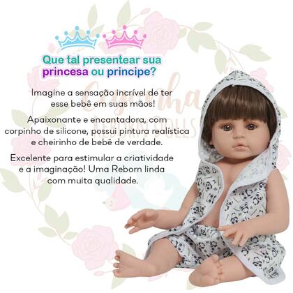 Imagem de Bebe Reborn Príncipe Cabelo Castanho 100% Vinil Roupão Panda
