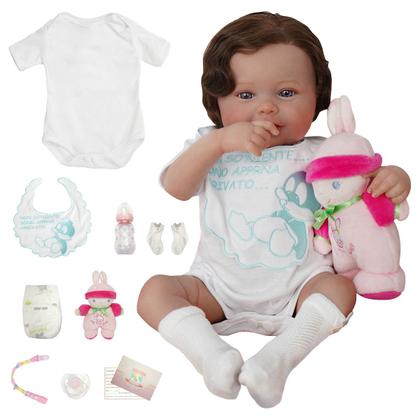 Imagem de Bebê Reborn Realista Brastoy Boneca ou Boneco Silicone Kit Conjunto de Roupa Chupeta Mamadeira e Pelúcia Original Completo