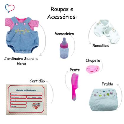 Imagem de Bebê Sweetie Reborn Jardineira Jeans Flores Premium 55cm