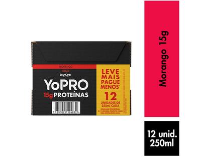 Imagem de Bebida Láctea UHT 15g de Proteínas Danone YoPRO Morango Zero Açúcar 250ml 12 Unidades