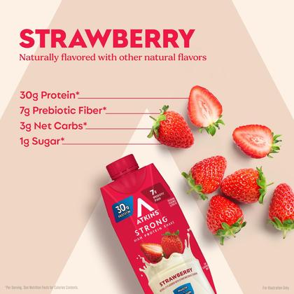 Imagem de Bebida proteica Atkins Strong Strawberry 30g Protein 325ml, pacote com 12