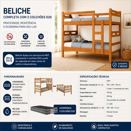 Imagem de Beliche Barreto Robusta Vira Duas Camas Completa 2 Colchões - Legno Off White