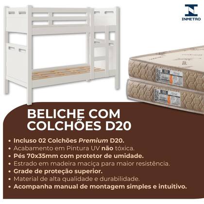 Imagem de Beliche Barreto Solteiro Vira Duas Camas Robusta com Colchões D20 Premium