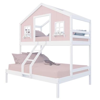 Imagem de Beliche Casal/ Solteiro Casinha dos Sonhos Madeira Maciça Rosa/ Branco Megamobilia