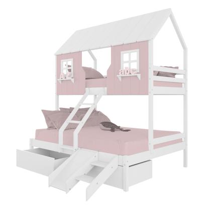 Imagem de Beliche Casal/ Solteiro Casinha Encantada com 02 Gavetas Kit Escada/ Escorregador Madeira Maciça Rosa/ Branco Housin
