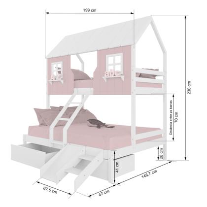 Imagem de Beliche Casal/ Solteiro Casinha Encantada com 02 Gavetas Kit Escada/ Escorregador Madeira Maciça Rosa/ Branco Housin