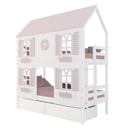 Imagem de Beliche Casinha Bela com Coração 2 Gavetas 4 Janelas Venezianas - Madeira Maciça Branco/Rosa  Housin