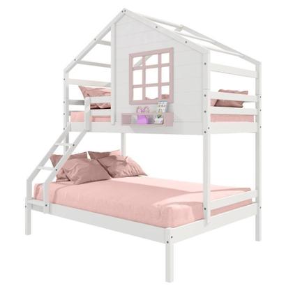 Imagem de Beliche Casinha Com Janela Casal/solteiro Madeira Maciça Branco/ Rosa Housin