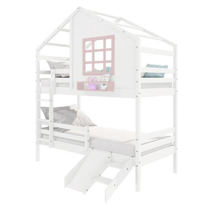 Imagem de Beliche Casinha com Janela com Escada/ Escorregador e Grade de Proteção Madeira Maciça Branco/ Rosa Housin