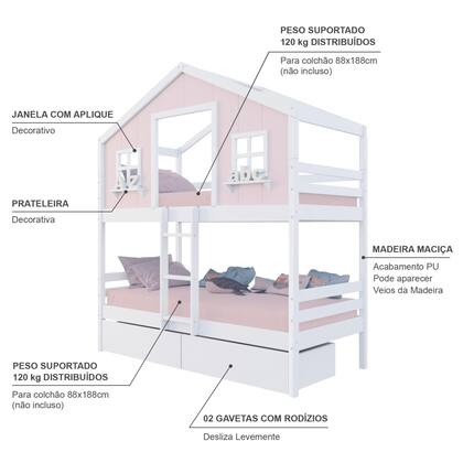 Imagem de Beliche Casinha dos Sonhos com 02 Gavetas Madeira Maciça Rosa/ Branco Megamobilia