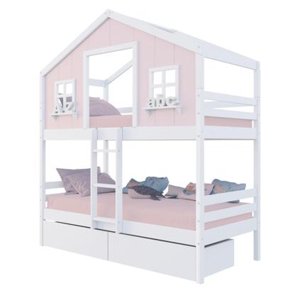 Imagem de Beliche Casinha dos Sonhos com 02 Gavetas Madeira Maciça Rosa/ Branco Megamobilia