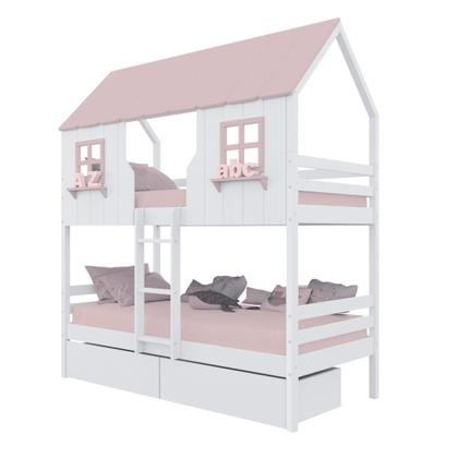 Imagem de Beliche Casinha Encantada com 02 Gavetas Madeira Maciça Branco/ Rosa Housin