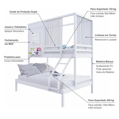Imagem de Beliche Casinha Reta Casal/ Solteiro com Cortina Madeira Maciça Branco Housin