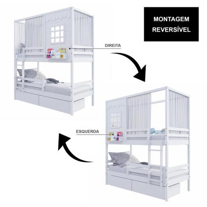 Imagem de Beliche Casinha Reta com 02 Gavetas Grade Removível e Cortina Madeira Maciça Branco Housin