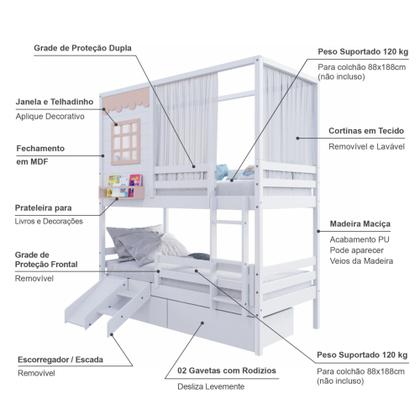 Imagem de Beliche Casinha Reta com 02 Gavetas Grade Removível Escorregador e Cortina Madeira Maciça Branco/ Rosa Housin