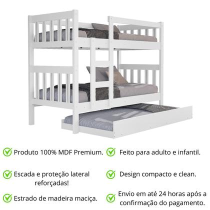 Imagem de Beliche Com Cama Auxiliar Adulto Funcional Tamanho Solteiro 3 Colchões Com Escada e Proteção MDF