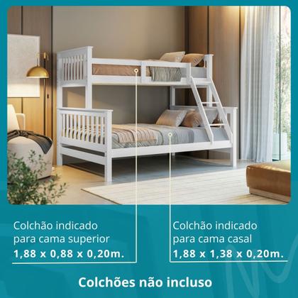 Imagem de Beliche Com Cama Casal Solteiro Madeira Maciça Grade Escada