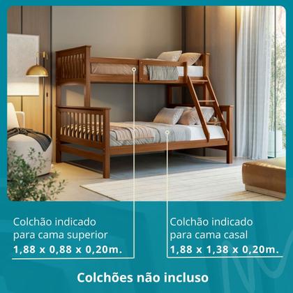 Imagem de Beliche Com Cama Casal Solteiro Madeira Maciça Grade Escada
