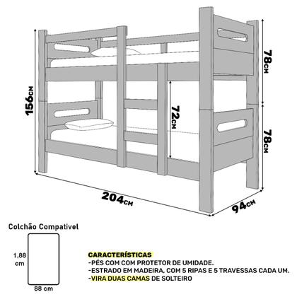 Imagem de Beliche Compacta Funcional 2 em 1 Solteiro Vira Duas Camas Resistentes 100% MDF