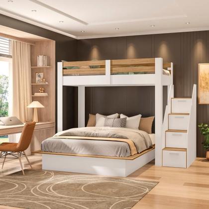 Imagem de Beliche Family Adulto com Cama Casal Star Plus Casatema Branco/Amadeirado Montana