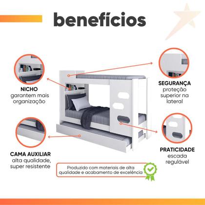 Imagem de Beliche Floripa com Cama Auxiliar para Colchão 0,88m J&A Branco