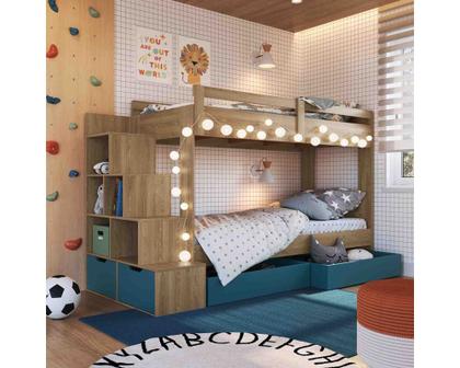 Imagem de Beliche Infantil c/ Escadas e Gavetões Aveiro/ Azul Completa Móveis