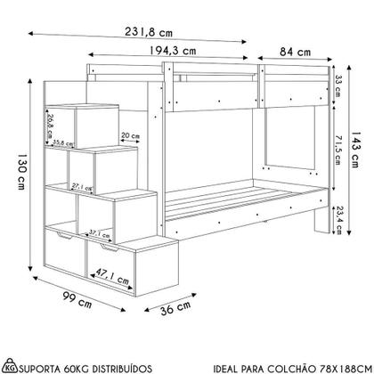Imagem de Beliche Infantil Com Escada Nichos E Gavetas Infix C06 Branco - Mpozenato