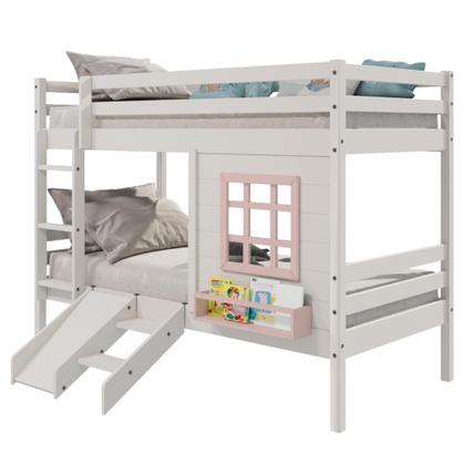 Imagem de Beliche Infantil com Janela e Escorregador Madeira Maciça Branco/ Rosa Housin