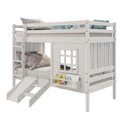 Imagem de Beliche Infantil Com Janela Escorregador E Cortina Madeira Maciça Branco Housin