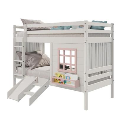 Imagem de Beliche Infantil Com Janela Escorregador E Cortina Madeira Maciça Branco/ Rosa Housin