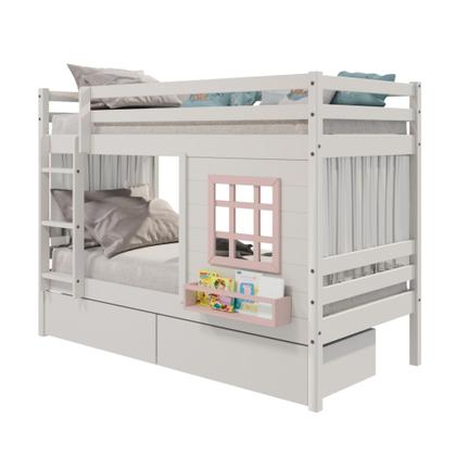 Imagem de Beliche Infantil com Janela Gavetas e Cortina Madeira Maciça Branco/ Rosa Housin