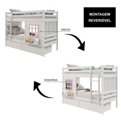 Imagem de Beliche Infantil com Janela Gavetas e Cortina Madeira Maciça Branco/ Rosa Housin