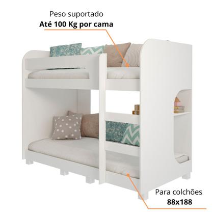 Imagem de Beliche Montessoriana 100% Mdf Com Prateleira E Pés Ema Cimol Branco