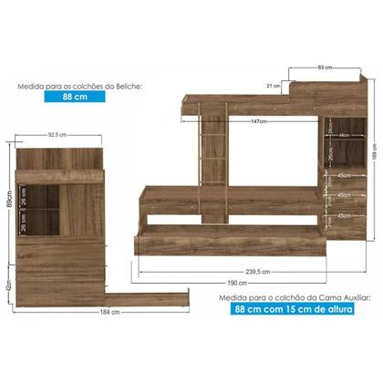 Imagem de Beliche Multifuncional Plus c/ 3 Gavetas c/ Auxiliar Branco - Santos Andirá