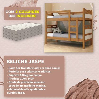 Imagem de Beliche Vira Duas Camas Com Cama Auxiliar Inclusa Completa Com 3 Colchões D33 Ortopédico