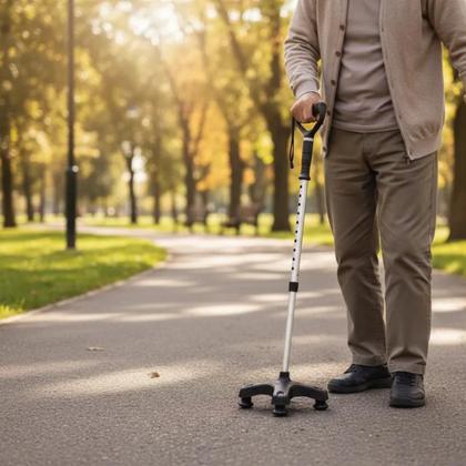 Imagem de Bengala 4 Pontas Apoio Regulável Alumínio Preto Mercur Antiderrapante Ortopédica Profissional Mobilidade Idoso Reabilitação Segurança