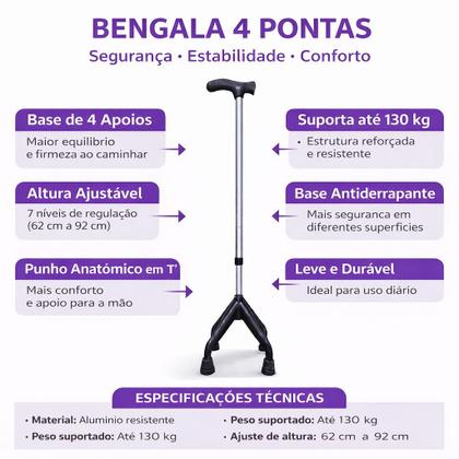 Imagem de Bengala Bastão 4 Pontas Alumínio Adulto Idoso 130kg Alo