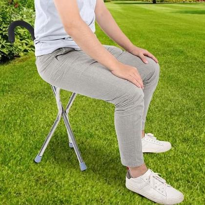 Imagem de Bengala Cadeira Banco Banqueta 2 Em 1 Ortopedico Assento Dobravel Alça Confortavel Idoso Fila Descanso Feira