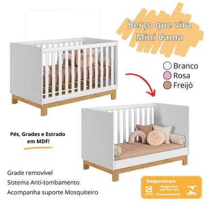Imagem de Berço 2 em 1 Americano Slim Vira Cama Com Colchão e Grade Removível Quarto de Bebe
