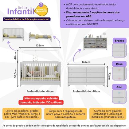 Imagem de Berço 3 em 1 para Colchão 130 x 60cm com Cômoda Framboesa Multimóveis MP4295