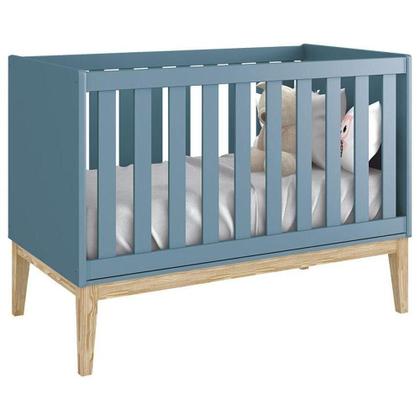Imagem de Berço Americano Com Colchão E Cômoda Gaveteiro Classic Azul Pés Madeira Natural - Reller