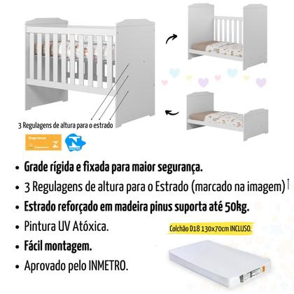 Imagem de Berço Americano Com Colchão Incluso D18 70x130cm, Multifuncional 3 Em 1 Mini Cama