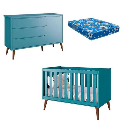 Imagem de Berço Americano e Cômoda Infantil 1 Porta Theo Azul Pés Amadeirados com Colchão  Reller