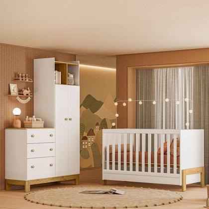 Imagem de Berço Americano Mini Cama 4300 Fantasia E Guarda Roupa Com Cômoda 4970 Q Encanto Slim Branco Acetinado Com Colchão