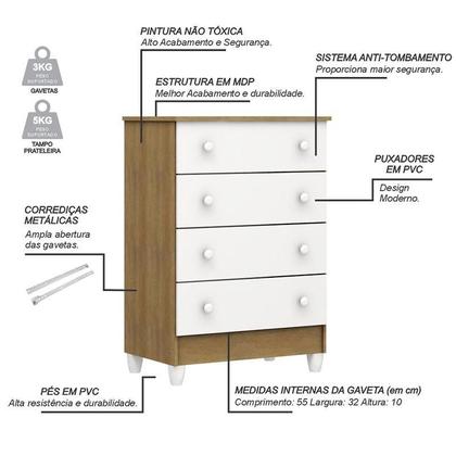 Imagem de Berço Americano New Nanda e Cômoda Gaveteiro Mel Flat Branco Acetinado Amadeirado com Colchão Ortobom - Carolina